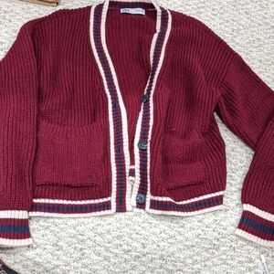 Zara Burgundy Cardigan with Contrasting Trim